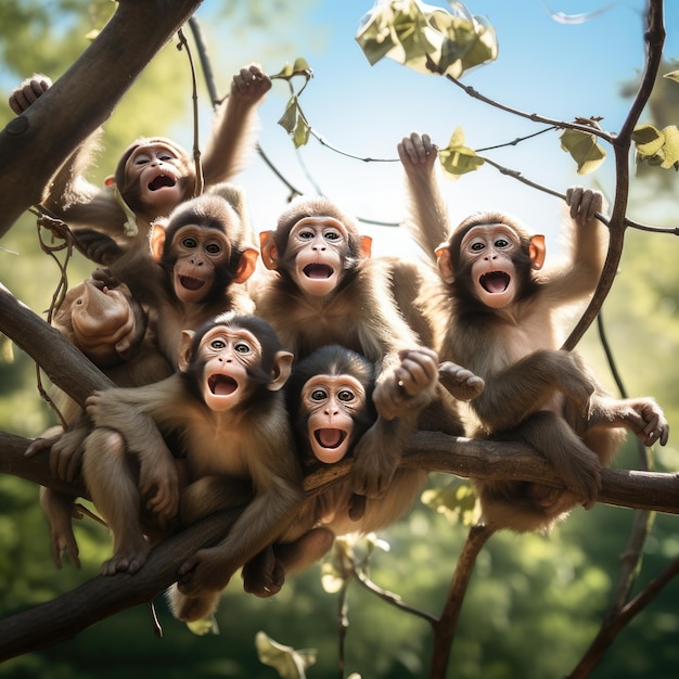 Foto un giocoso gruppo di scimmie appollaiate su un ramo di un albero