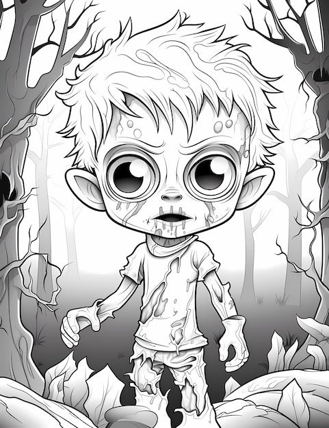 Playful Halloween Forest Cartoon Coloring Pages Kids with Kid Zombie
