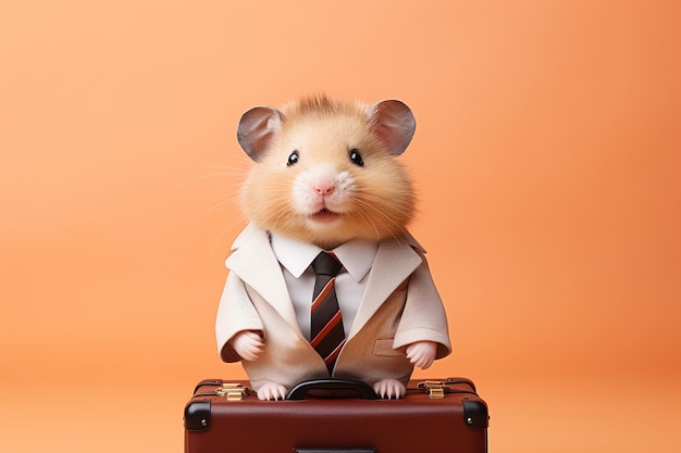 A playful hamster in a miniature worker suit