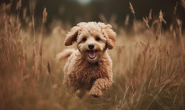 Playful happy cute smiling pet dog puppy running jumping in the grass generative AI