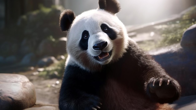 A playful happy panda in China panda raised hands Generative AI