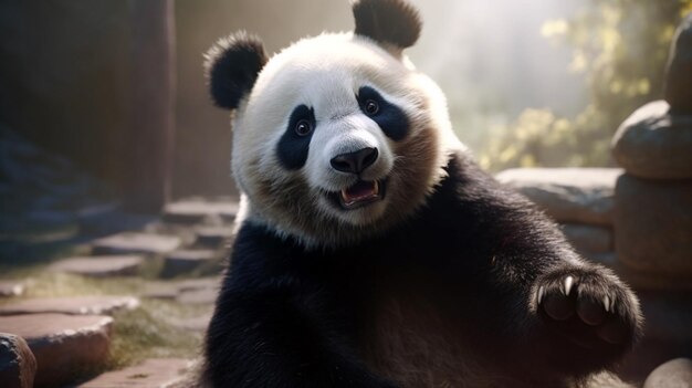 A playful happy panda in China panda raised hands Generative AI