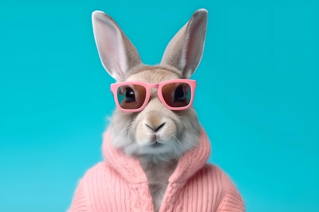 Photo playful hare in rosecolored glasses and a knitted hoodie jacket on a pastel background cool concept of fashion and clothing generative ai