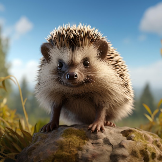 Playful Hedgehog On A Rock In A Stunning Green Field