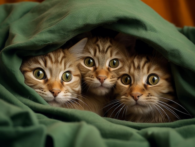 Playful Hide and Seek Three Cats Behind the Cloth