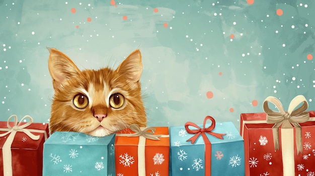 Playful illustration of a curious cat peeking out from behind colorful wrapped presents with snowflakes