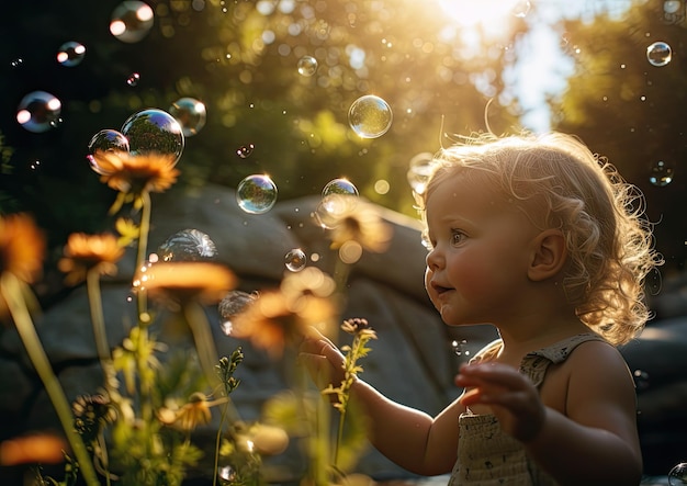 A playful image of a freckled baby blowing bubbles in a sunlit garden The camera is positioned at