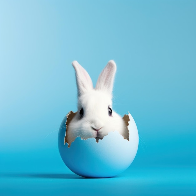 A playful image of a white bunny peeking out of a colorful easter egg