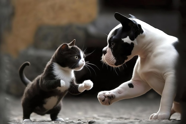 A playful interaction between a cat and a dog created with generative AI technology