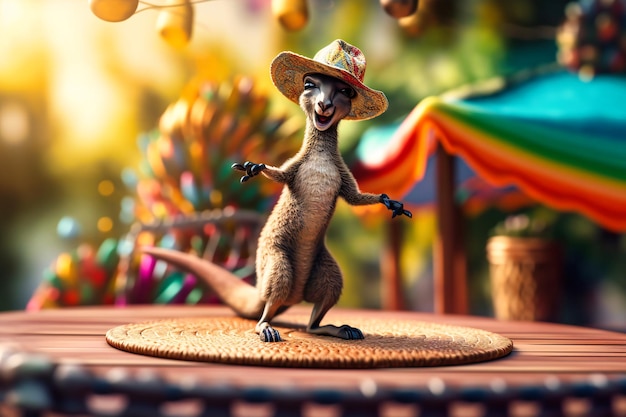 A playful kangaroo wearing a beach hat and sunglasses jumping on a trampoline with a big grin on its face