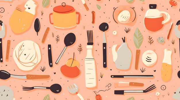 Photo playful kitchen utensils and food on a peach background