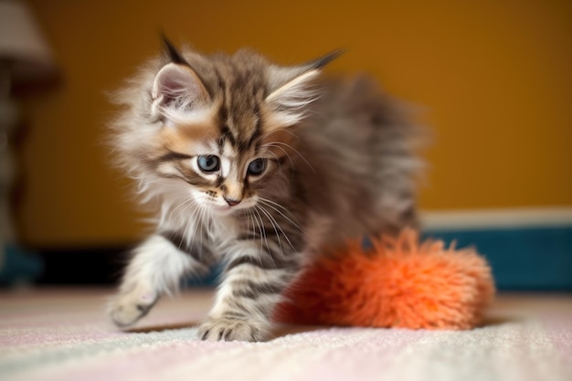 Playful kitten batting and pouncing on fuzzy toy created with generative ai