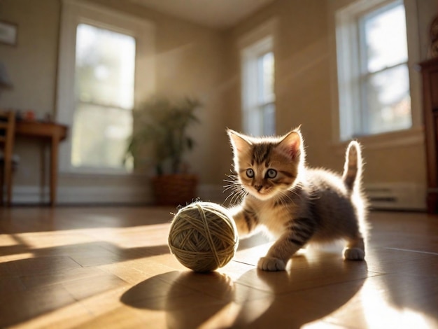 Photo a playful kitten chasing a ball of yarn kitten playing with ball cute kitten background