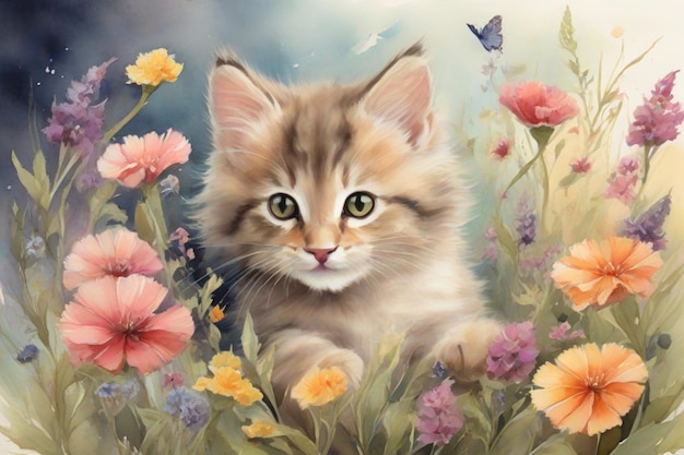 Играющий котенок преследует бабочку через поле диких цветов его пушистый мех дует