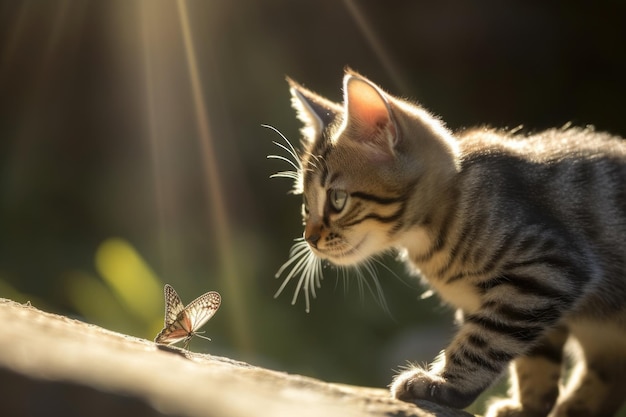Playful kitten chasing butterfly with the sun shining down on them created with generative ai