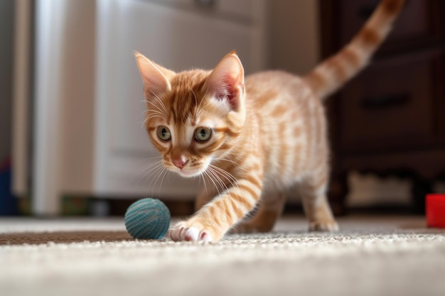 Playful kitten chasing toy mouse across the floor created with generative ai