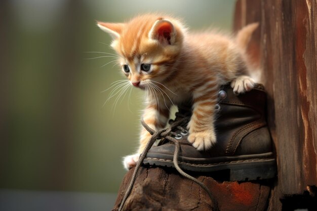 Playful kitten climbing into a hiking boot