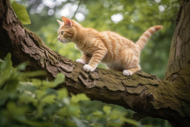 生成 AI で作成された、木に登る遊び心のある子猫と梢の上の景色