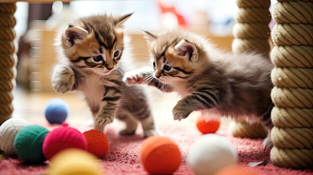 Foto gattini giocherelloni mentre picchiano sui giocattoli e si arrampicano sui mobili le loro maliziose buffonate e la loro sconfinata energia riempiono la stanza di risate e gioia generato dall'ia