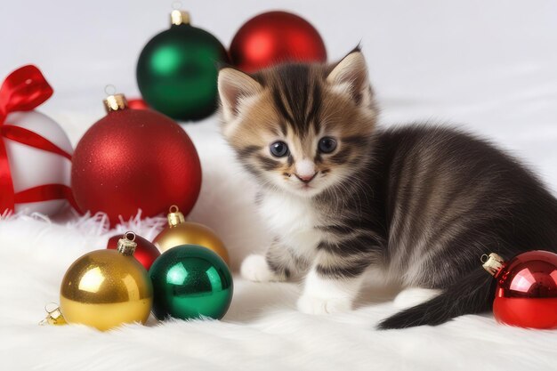 Playful kittens explore tinsel and christmas decorations