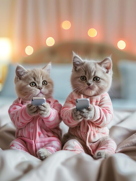Playful kittens in matching pajamas on a cozy bed captivated by a cell phone screen Premium AI generated image