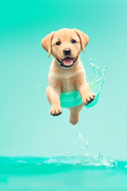 Playful labrador pup in aqua