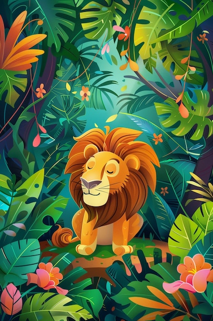 Playful Lion in a Vibrant Jungle Digital Artwork Scene