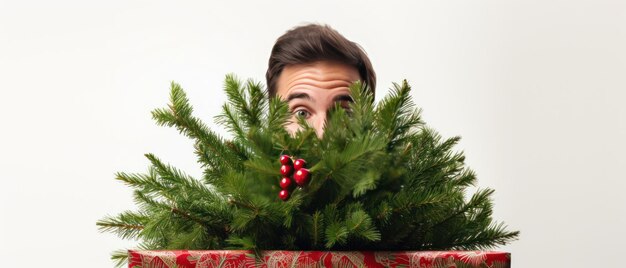 Foto uomo giocoso che si nasconde dietro l'albero di natale