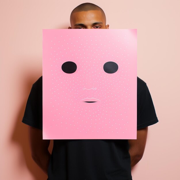 사진 장난스러운 미니멀리즘 핑크색 얼굴 프린트 뒤에 숨어있는 젊은 남자