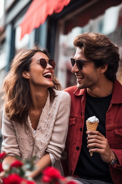 the playful moment of a couple on Valentine's Day sharing an ice cream or dessert