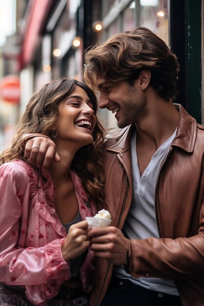 Foto il momento giocoso di una coppia il giorno di san valentino che condivide un gelato o un dessert