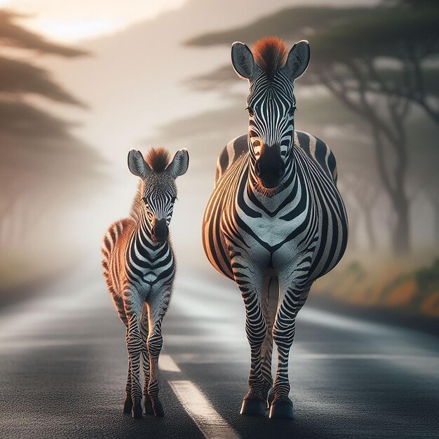 Foto momento giocoso di madre zebra e cuccioli di zebra in piedi in un campo generato dalla natura