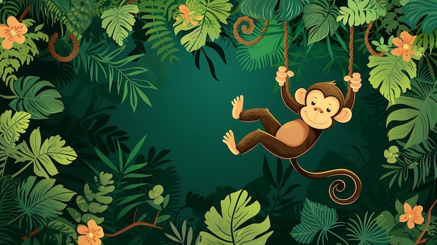 A playful monkey effortlessly swings from lush vines against a vibrant jungle green backdrop