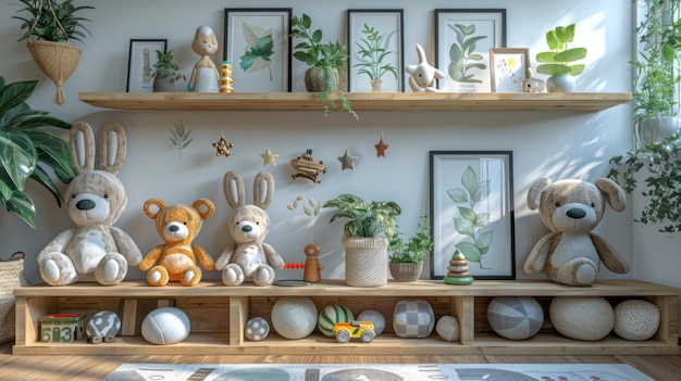 playful nursery decor with stuffed animals and wooden shelves
