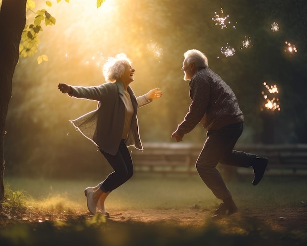 Playful old people having fun in the park Senor couple with playful lifestyle Generative AI