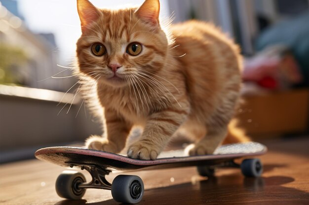 写真 ミニペニーボードの上でバランスをとる遊び心のあるオレンジ色のトラ猫