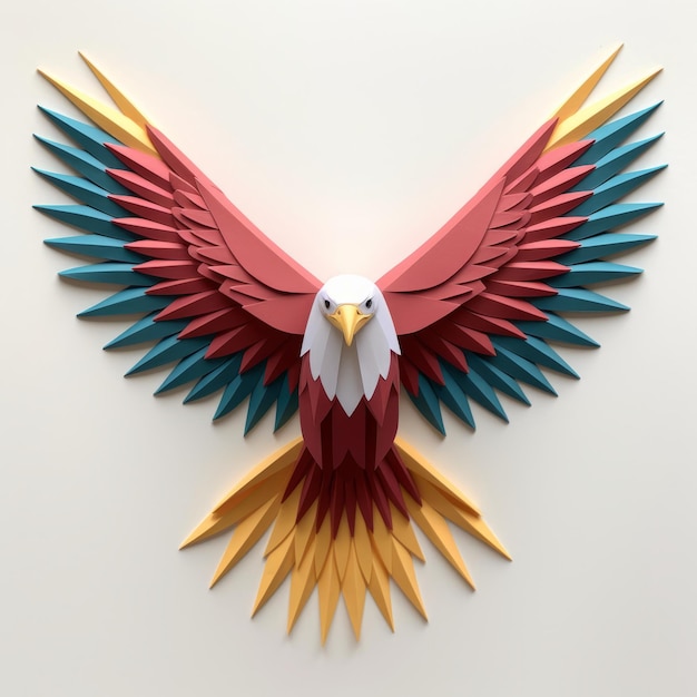 Playful origami eagle minimalistic 3d illustration in red yellow and blue