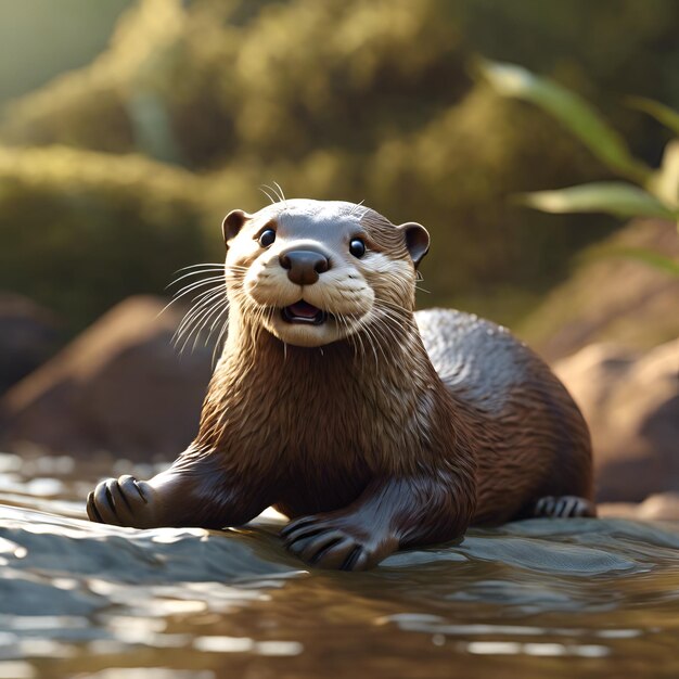 A playful otter sliding down a riverbank