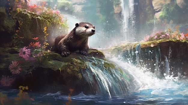 A playful otter sliding down a waterfall AI generated