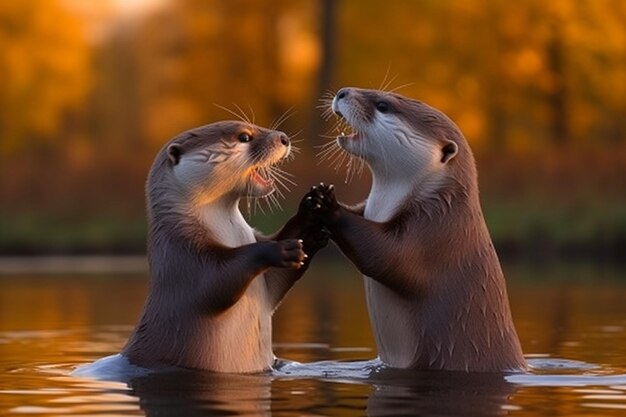 Photo playful otters at dawn