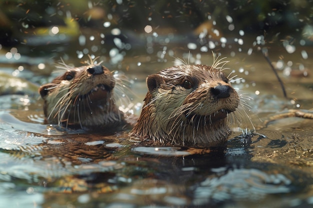 Playful otters frolicking in clear streams