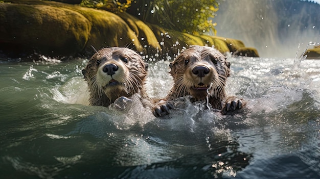 Playful otters frolicking in a crystalclear mountain stream their joyful antics on full display