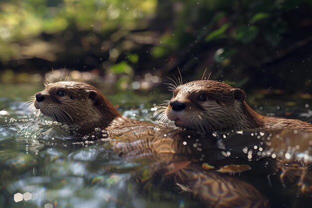 Photo playful otters frolicking in a crystalclear stream