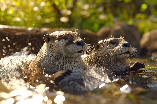 Playful otters sliding down a riverbank