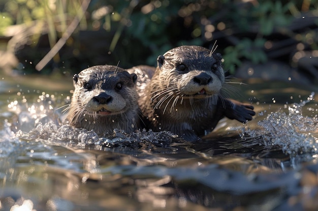 Playful otters sliding down riverbanks octane rend