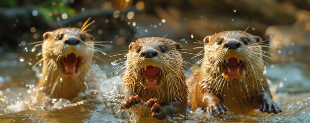 Photo playful otters splashing their antics a joy to background