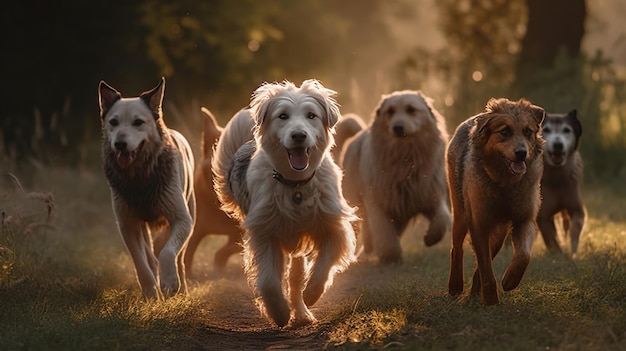 Photo playful pack of dogs frolicking together joyfully chasing in the park