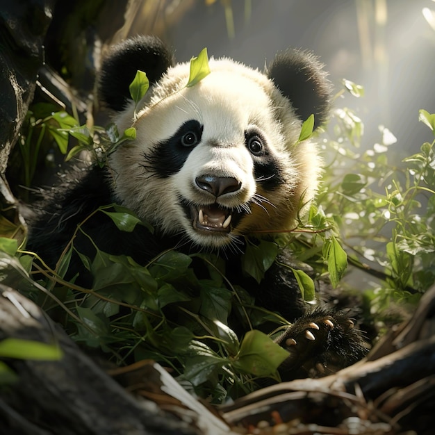 A playful panda bear munching on bamboo