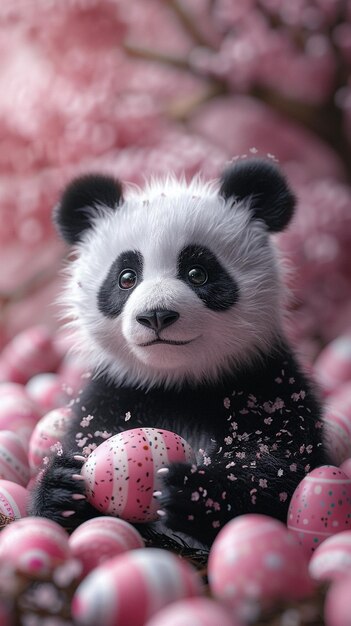 Photo playful panda cub rolling easter eggs down a wallpaper