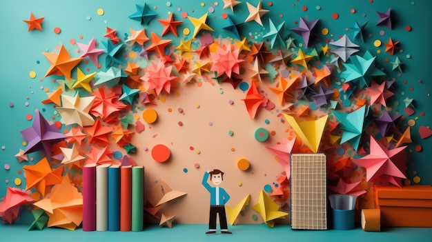 A playful paper school background with cutout shapes